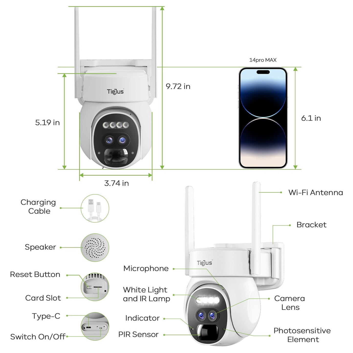 Tiejus 10x Zoom Dual Lens 2.4G WiFi 360° PTZ Solar Panel Security Camera-PG1